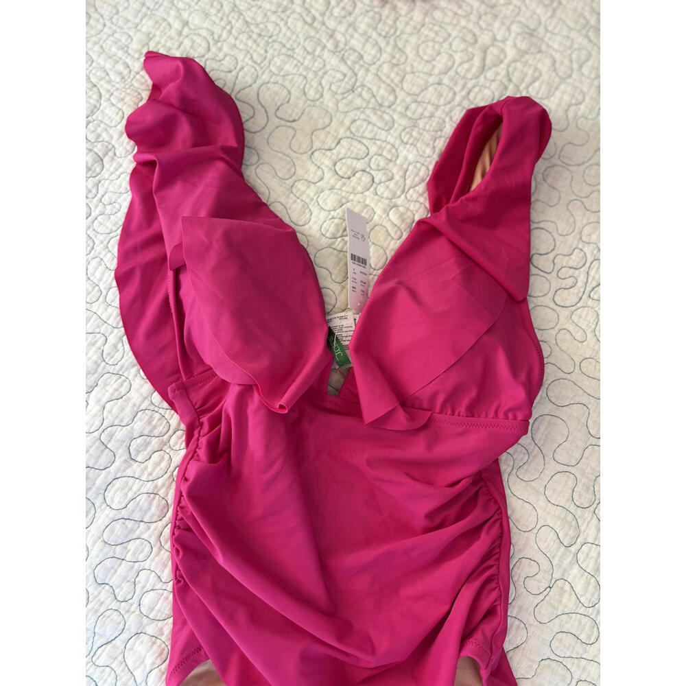 J.Crew Jcrew Women's Hot Pink One-Piece Swimsuit with Ruffle Detail‎ Size 6 - Picture 3 of 5